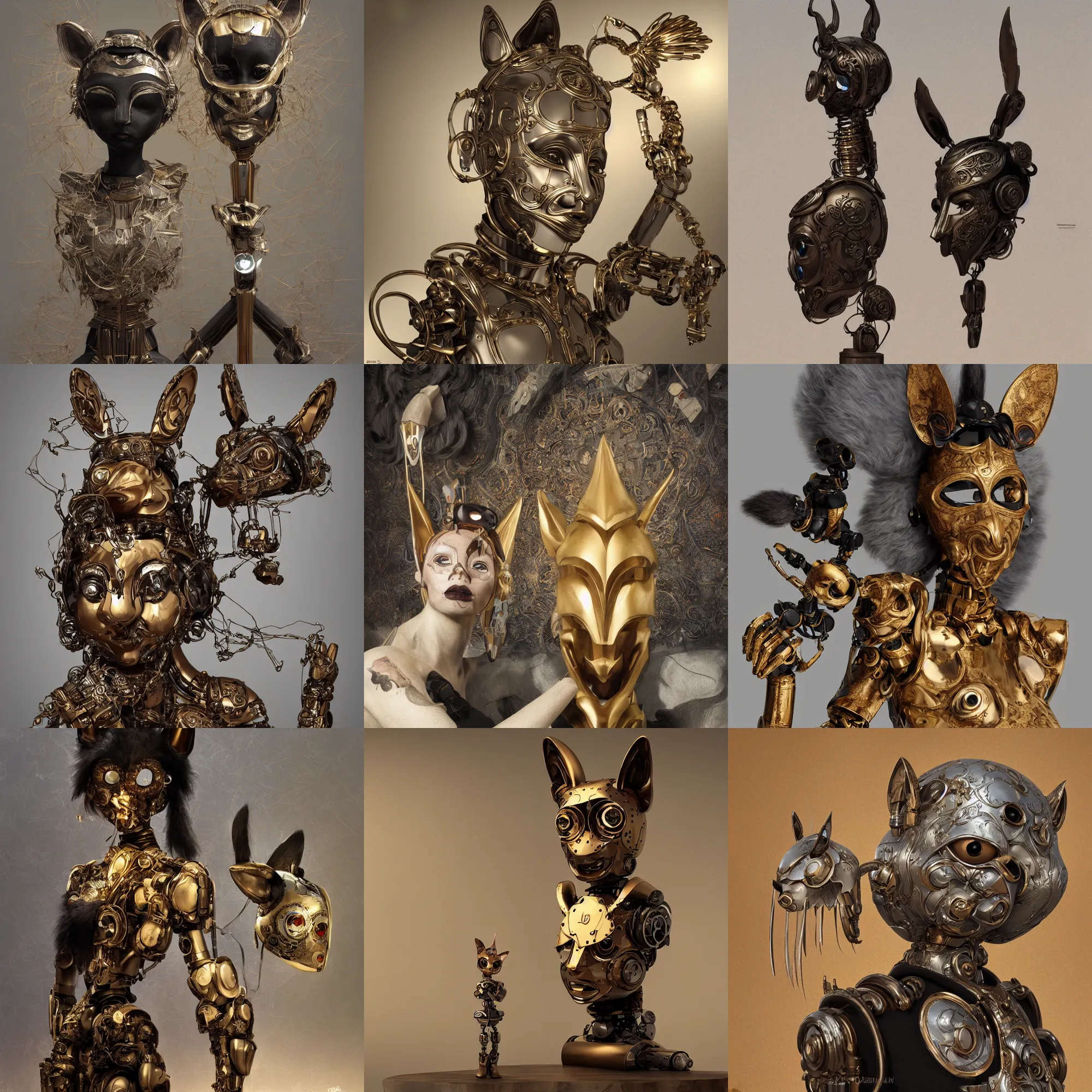 Prompt: 3 d octane render ultra 8 k photorealistic hyperdetailed unreal engine, a wooden sculpture, art toys on a pedestal, a very cute mystical mask robot of the bohemian with cat's ears in a zen rebelle black gold, concept art, trending on cgsociety, artwork masterpiece, in a contemporary art gallery in neo paris art by greg rutkowski and alphonse mucha