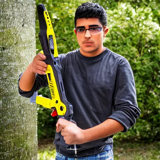 Image similar to young latino man using cordless power tool crossbow made by dewalt