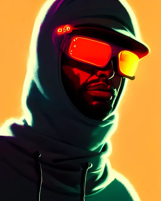 Image similar to neo - noir artstyle, hyper - realistic detailed portrait of a man in a hoodie, with neon visor, by atey ghailan, by greg rutkowski, by greg tocchini, by james gilleard, by joe fenton, by kaethe butcher, sharp focus