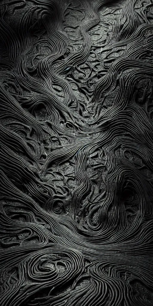 Image similar to a photorealistic render of a topographic organic made of melted metal and bioluminescent beings on a black background, c 4 d, by zhelong xu ouchh studio and ernst haeckel, wide angle, hyper realistic, plain black background, 8 k, volumetric lightning, octane render