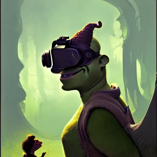 Image similar to shrek wearing vr headset, highly detailed, digital painting, artstation, concept art, sharp focus, illustration, art by greg rutkowski and alphonse mucha