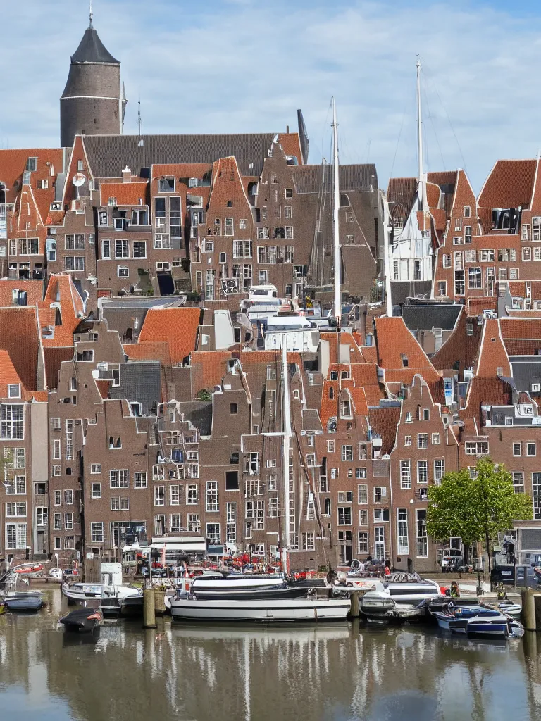 Prompt: A harbour view of de Hoofdtoren in the city of Hoorn in the Netherlands