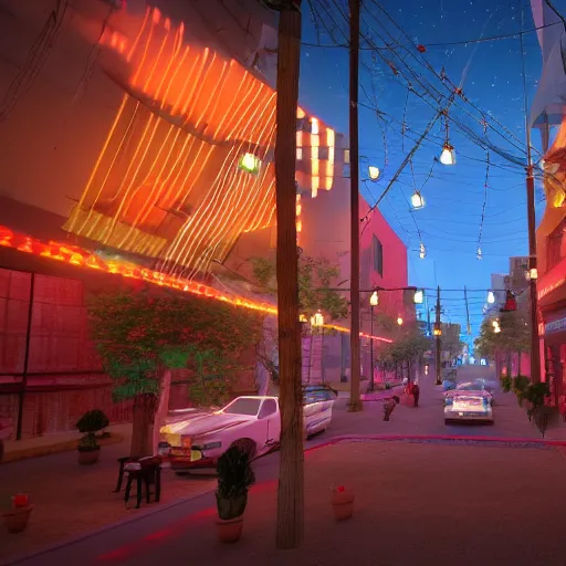 Image similar to Downtown Mexico, string lights, colorful lighting, night, unreal engine 5 tech demo, octane render, Frank Lloyd Wright ((Studio Ghibli))