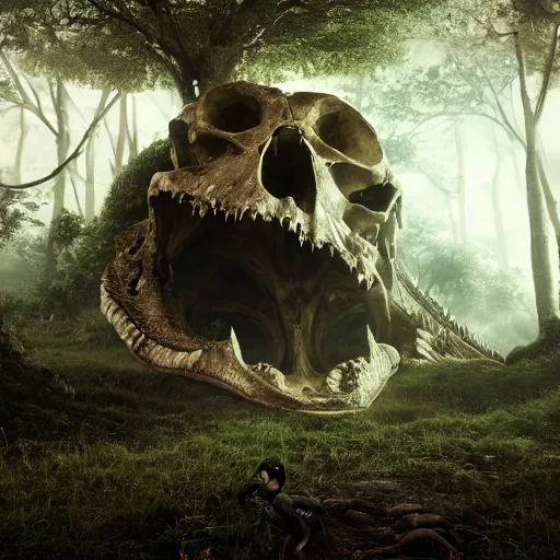 Prompt: a boy living inside the gigantic skull of an ancient dragon skeleton laying on the edge of the forest, cinematic lights, octane render, trending on artstation, artstationHD, artstationHQ, unreal engine, 8k