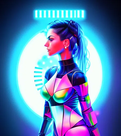 Image similar to symmetry!! latin princess of technology, solid cube of light, hard edges, product render retro - futuristic poster scifi, lasers and neon circuits, beautiful woman latin princess, intricate, elegant, highly detailed, digital painting, artstation, concept art, smooth, sharp focus, illustration, dreamlike, art by artgerm