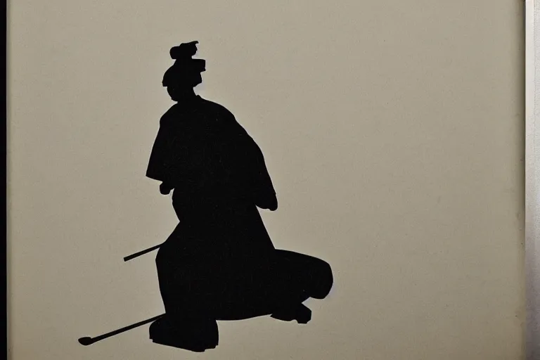 Prompt: back lit paper cut shape shadows on white screen of an old japanese edo period woman walking bent over with a cane, backlit,