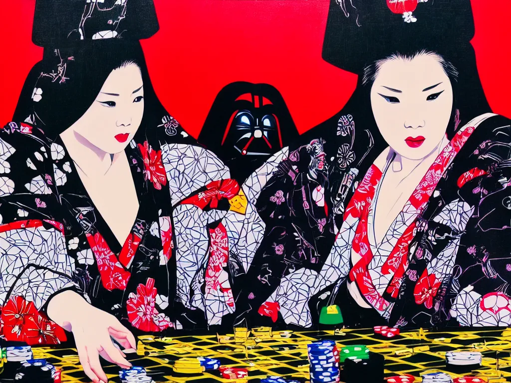 Image similar to hyperrealism composition of the detailed woman in a japanese kimono sitting at an extremely detailed poker table with darth vader, fireworks on the background, pop - art style, jacky tsai style, andy warhol style, acrylic on canvas