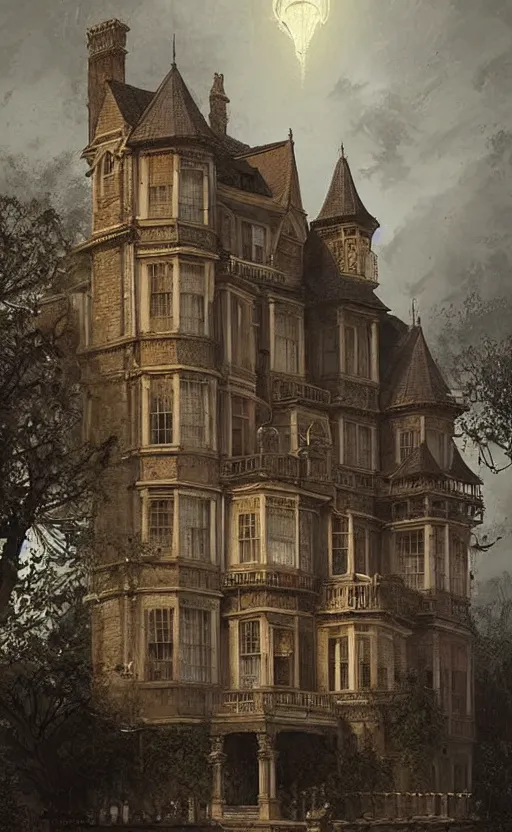 Image similar to Portrait of a victorian manor house in a town, 19th century, highly detailed, cinematic lighting, digital art painting by greg rutkowski