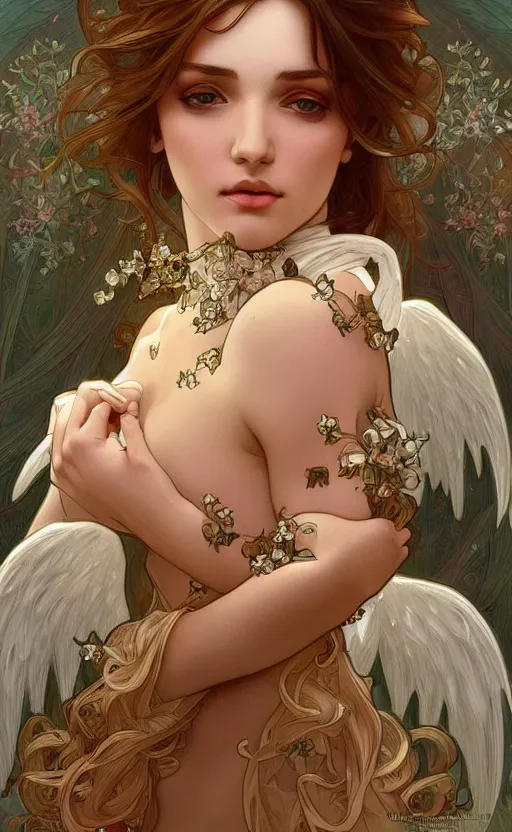 Image similar to a photograpic portrait of a pretty woman, angel, fantasy, intricate, elegant, highly detailed, digital painting, artstation, centered, concept art, smooth, sharp focus, arc, illustration, art by artgerm and alphonse mucha