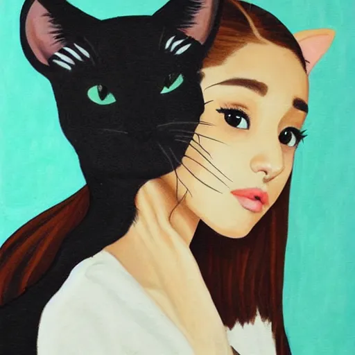 Prompt: ariana grande holding an extremely annoyed, hissing cat, painting by 奈 良 美 智