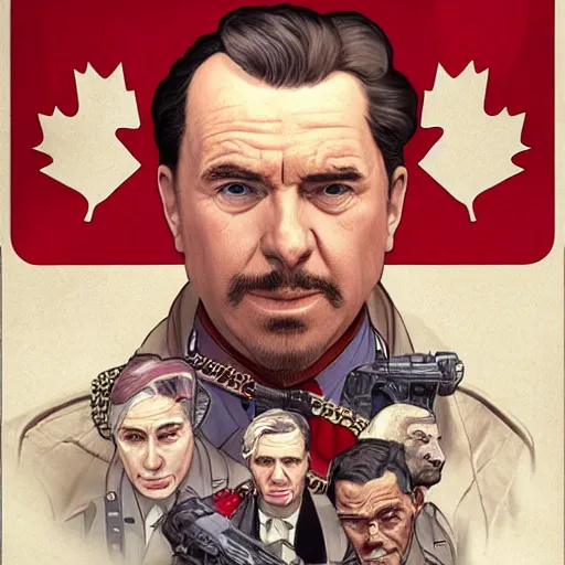 Image similar to [RiffRaff as the president of Canada as a GTA character, propaganda, closeup, D&D, intricate, elegant, highly detailed, digital painting, artstation, concept art, matte, sharp focus, illustration, art by Artgerm and Greg Rutkowski and Alphonse Mucha]