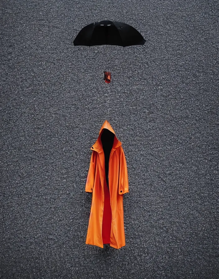 Image similar to close - up portrait of an empty slick fashionable zara raincoat floating suspended mid - air on a glittering wet rainy display designed by james terrell, wes anderson, felipe pantone, symmetry, rule of thirds