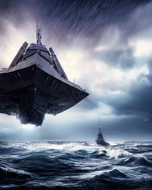 Image similar to scifi action scene of a fishing boat on stormy seas, a terrifying gigantic star destroyer spaceship flying overhead, the gigantic star destroyer spaceship is emerging from storm clouds, sunset lighting, stormy weather, dramatic lighting, unreal engine, hyper realism, realistic shading, cinematic composition, realistic render, octane render, detailed textures, photorealistic, ultrawide shot, 1 6 mm lens