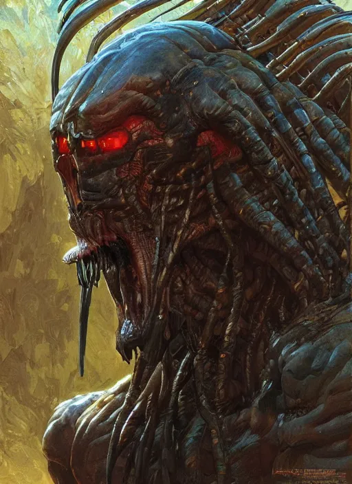 Image similar to portrait of The Predator (1987), highly detailed, centered, solid color background, digital painting, artstation, concept art, smooth, sharp focus, illustration, donato giancola, Joseph Christian Leyendecker, Les Edwards, Ed Repka, WLOP