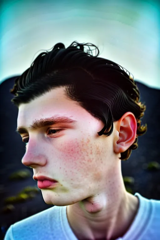 Image similar to high quality pastel coloured film mid angle selfie photograph of a beautiful young 2 0 year old male, soft features, short black hair, resting in an icelandic black rock environment. atmospheric. three point light. photographic. art directed. ( pastel colours ). volumetric light. clearcoat. waves glitch. 8 k. filmic.