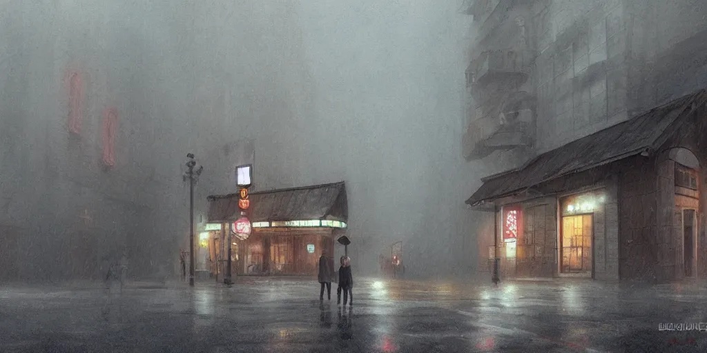 Image similar to an old cinema, foggy rainy day, matte painting, studio ghibli, artstation