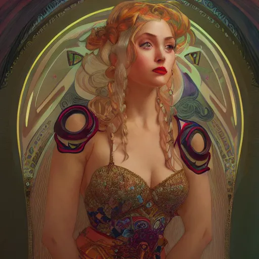 Prompt: portrait of lina oxton, pinup pose, hyper detailed, digital illustration, illustration, trending on artstation, cinematic lighting, studio quality, sharp focus, intricate, elegant, art style by alphonse mucha, klimt and nixeu, ian sprigger, wlop, rossdraws, greg rutkowski