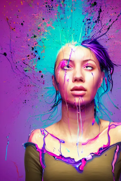 Image similar to a award winning half body portrait of a beautiful woman in a croptop and cargo pants with ombre purple pink teal hairstyle and hands in pockets by ari liloan, surrounded by whirling illuminated lines, paint splashes and splatter, outrun, vaporware, shaded flat illustration, digital art, trending on artstation, highly detailed, fine detail, intricate