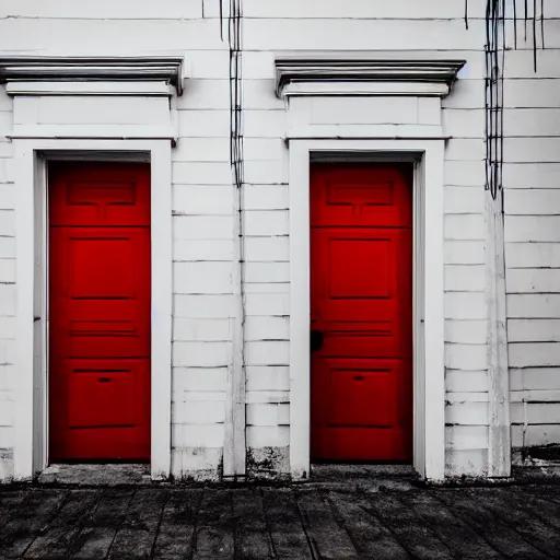 Image similar to a white room with multiple red doors, surreal, creepy, unsettling, liminal space,