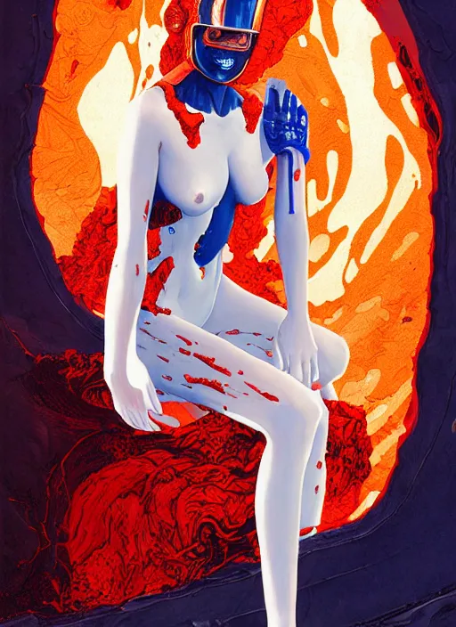 Prompt: luxurious royal white and blue astronaut emerging from hot red volcanic lava in cyberpunk theme by conrad roset, nicola samuri, dino valls, m. w. kaluta, rule of thirds, sigma look, beautiful