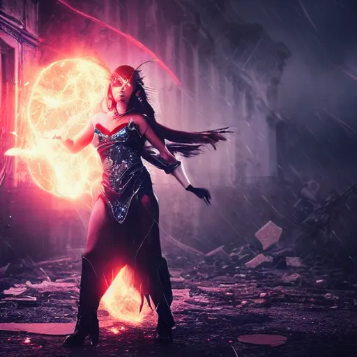 Prompt: beautiful sorceress girl in full battle gear, casting a spell, in a destroyed city, moody lighting, 8 k, shallow depth of field, cinematic lighting,