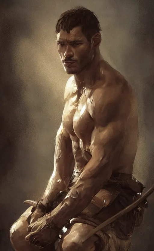 Image similar to Portrait of a rugged ranger sitting down, male, muscular, straight nose!!!, detailed face, handsome face, bare thighs!!!, simple clothing!!!!!, fantasy, medieval, highly detailed, cinematic lighting, digital art painting by greg rutkowski