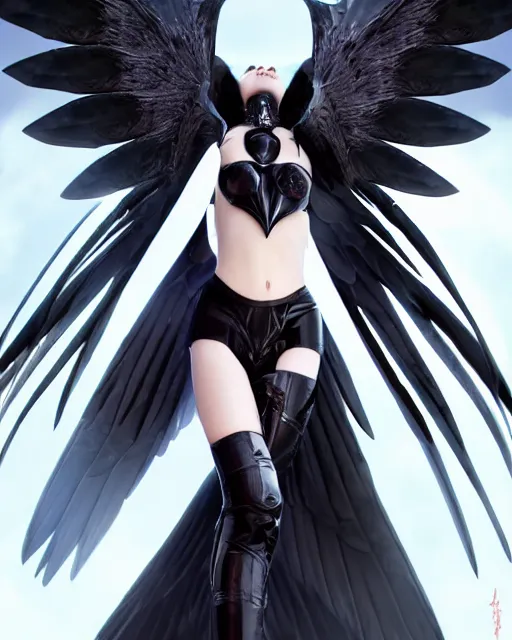 Prompt: perfect raven haired attractive succubus with huge black dove wings, destiny armor, beautiful, symmetric, dreamy, half asian, pretty face, blue eyes, detailed, scifi platform, laboratory, experiment, 4 k, ultra realistic, epic lighting, android body, illuminated, cinematic, masterpiece, art by akihito tsukushi, voidstar