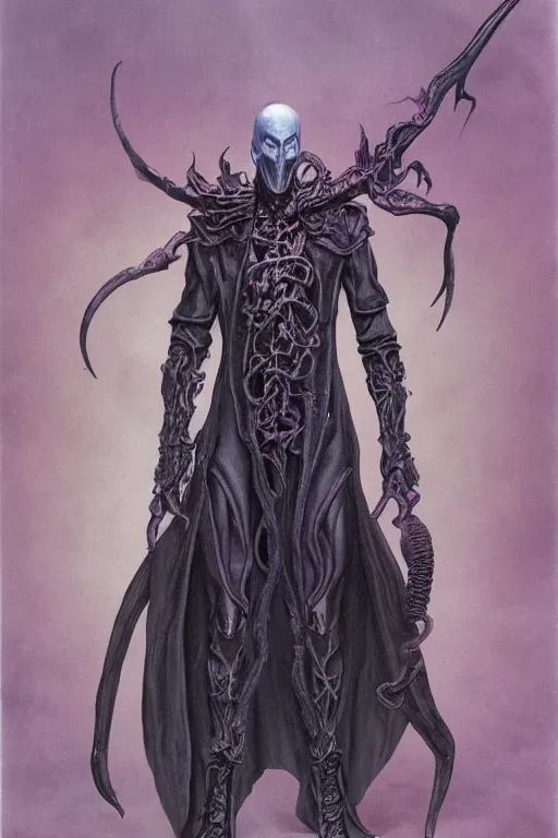 Prompt: full body photo of a cenobite lich illithid drow dark elf sorceror necromancer leather by wayne barlowe