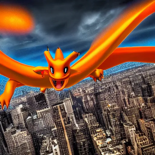 Image similar to charizard flying above new york, high detail shot, smoking, render, cgsociety, photorealism