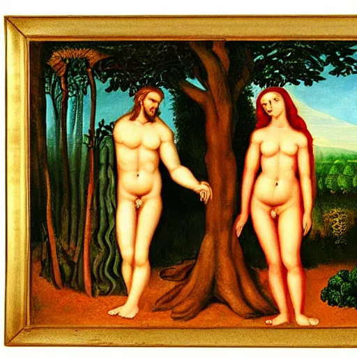 Prompt: Painting of Adam and Eve in the (Garden of Eden). Colorful.