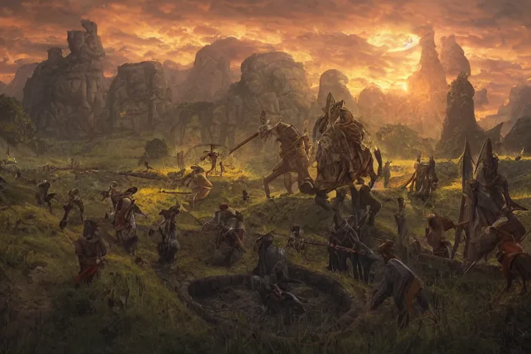 Image similar to allies who long spoke in one voice now squabble over petty differences. merchants seize farmland to build their roads ; farmers uproot sacred groves to plant their crops. sunset lighting ominous shadows, cinematic fantasy painting, dungeons and dragons, jessica rossier and brian froud