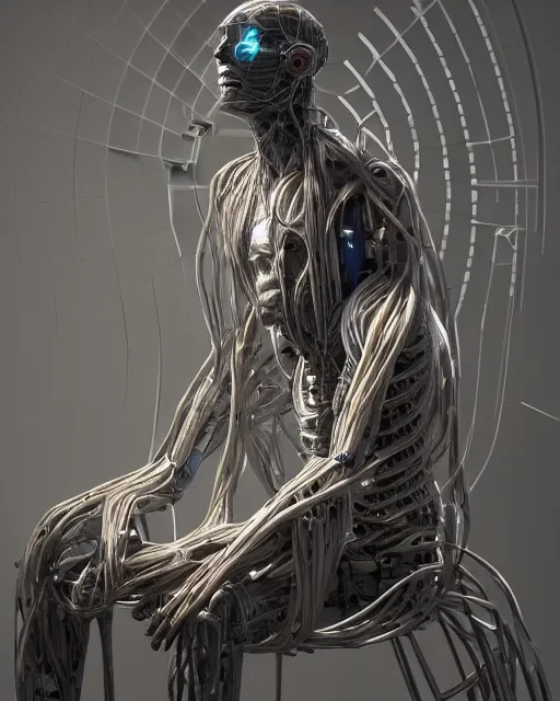 Prompt: a hyperrealistic painting of a human cyborg sitting in a chair with limbs stretched out, tied with electrical cables connected to infinite supercomputers, flood of images flowing from his head, tesseract, vitruvian man, 3 d render, octane, trending on artstation, concept art, insane details, zoomed out