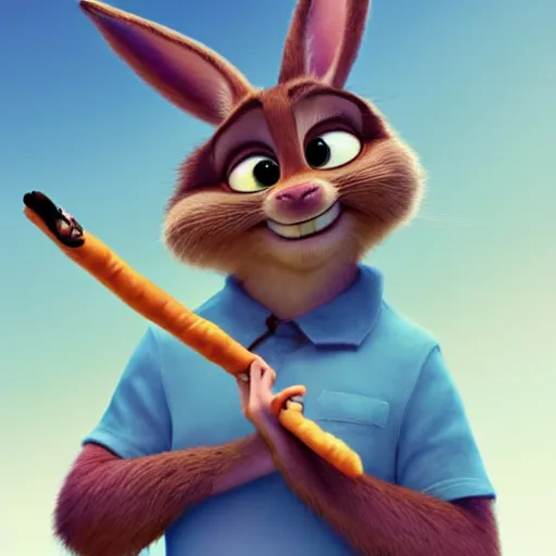 Prompt: very cute kid\'s film character rabbit, disney pixar Zootopia character concept artwork, 3d concept, detailed fur, anthropomorphic animal smoking a carrot shaped cigar blunt, high detail iconic character for upcoming film, trending on artstationhd, charlie bowater, villain character, evil dark cinematic