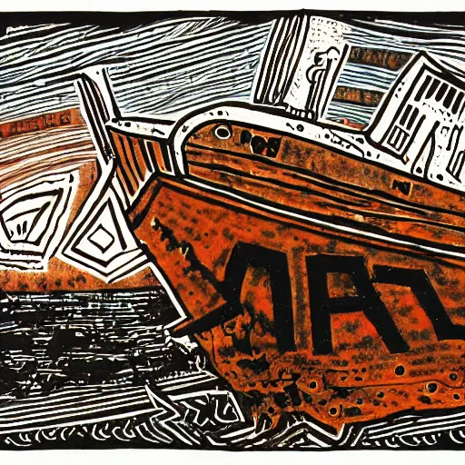 Image similar to a rusty abandoned ship on the aral sea desert, in the style of daniel johnston and outsider art, 8 k, line brush, muted, overlaid with cyrillic words, baselitz, german expressionist woodcut