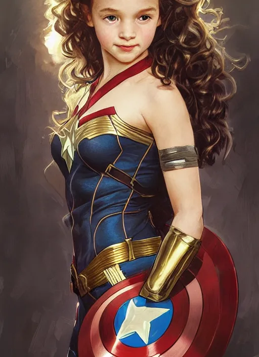 Image similar to a little girl with a mischievous face and light brown curly wavy hair. she is dressed as captain america, batman, the flash, captain marvel, wonder woman, a superhero. clean elegant painting, beautiful detailed face. by artgerm and greg rutkowski and alphonse mucha