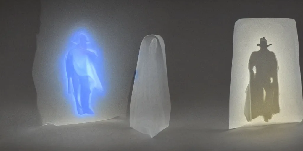 Prompt: a single holographic translucent ghost cowboy in from of a tomb