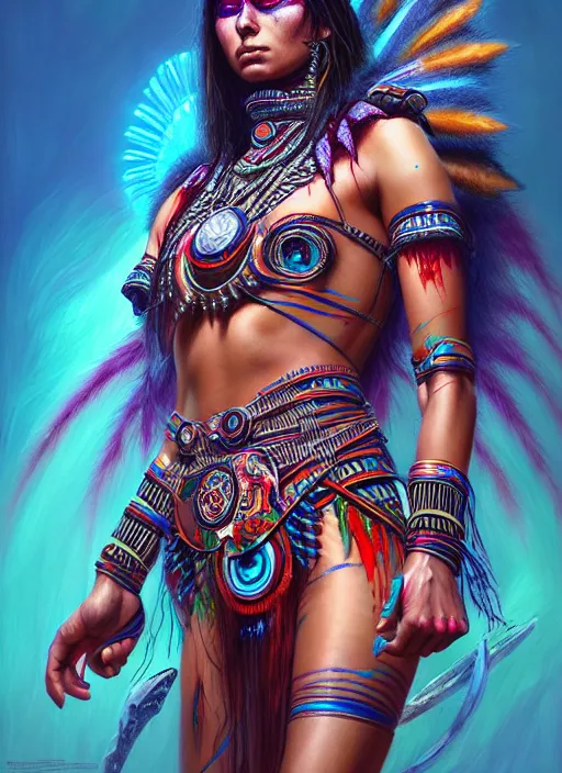 Image similar to hyper detailed ultra sharp cherokee shaman warrior trance girl. trending on artstation, warpaint aesthetic, bloodwave, colorful, psychedelic, ornate, intricate, digital painting, concept art, smooth, sharp focus, illustration, art by artgerm and greg rutkowski and h. r. giger, 8 k