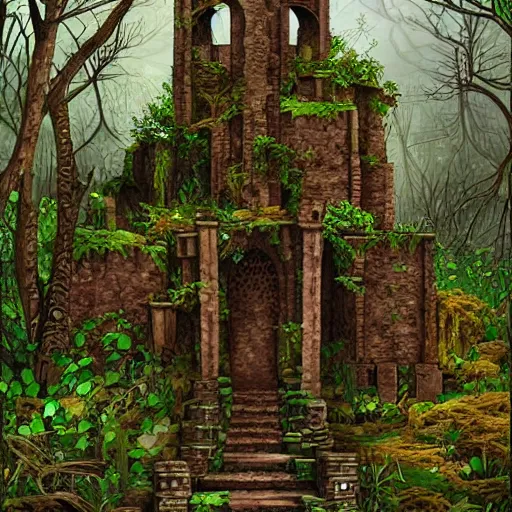 Image similar to ruined tower covered in creepers, beautiful, intricate, detailed, digital art painting