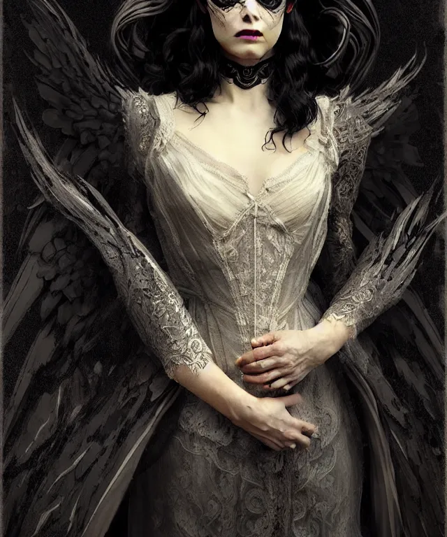 Prompt: a dark angel with black wings spread wide and victorian style clothing, with a dark lace face mask, cinematic lighting, low key contrast, detailed, hyperrealistic, character concept art by tolkien and greg rutkowski