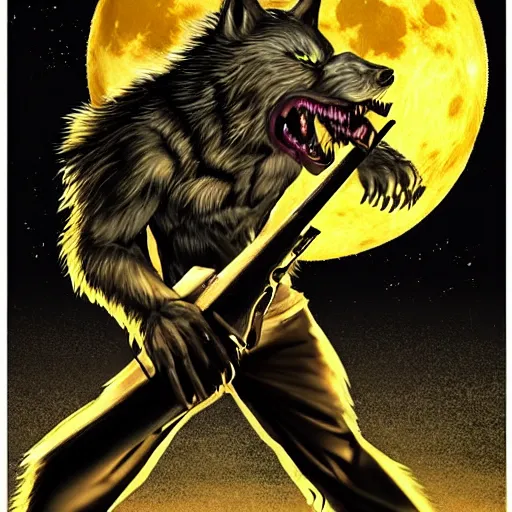 Prompt: a fearsome werewolf holding an ak - 4 7 in one hand and a elecric guitar in the other a full moon shies behind him, darkcinematic scene, super detailed, hyper realistic