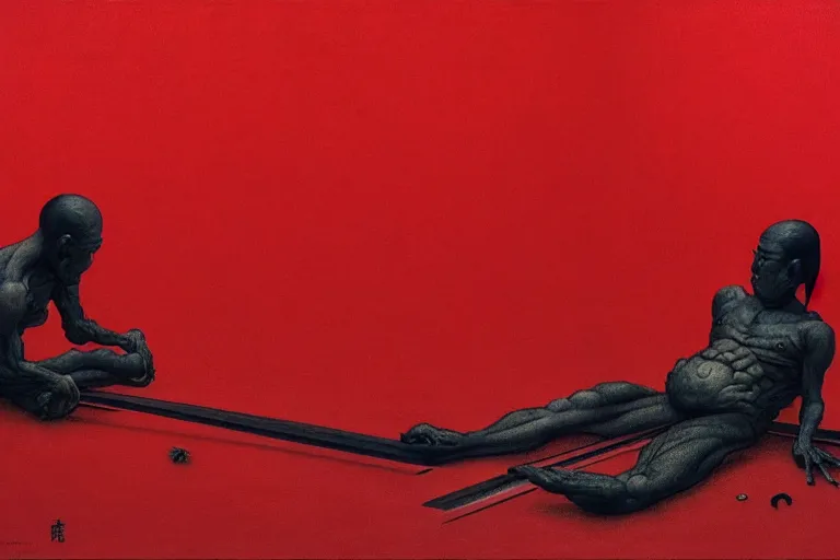 Image similar to only with red, a red samurai do seppuku, tokio, a lot of frogs watch, in the style of beksinski, parts by edward hopper, parts by rodcenko, parts by yue minjun, intricate and epic composition, red by caravaggio, insanely quality, highly detailed, masterpiece, red light, artstation, 4 k