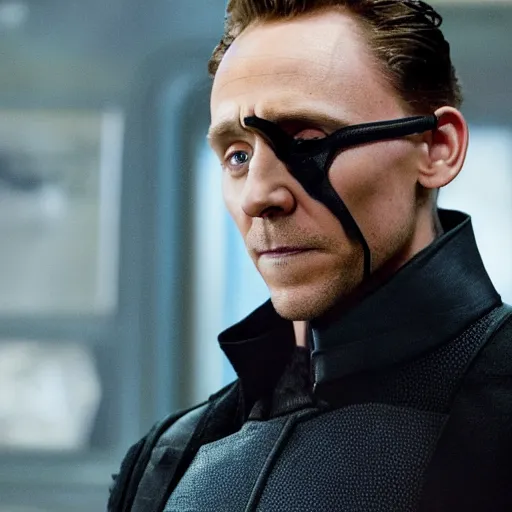 Prompt: film still of Tom Hiddleston as Nick Fury with eye patch in Avengers