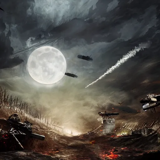 Image similar to a world war 1 battleground under a full moon, digital painting, mixed media, trending on artstation and deviantart, epic composition, highly detailed, 8 k