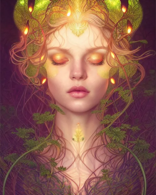 Image similar to symmetry portrait of moss princess, glam, fae, fireflies, forest background, intricate, elegant, highly detailed, digital painting, artstation, concept art, smooth, sharp focus, illustration, art by artgerm and greg rutkowski and fra angelico and alphons mucha