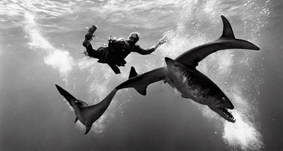 Image similar to Chuck Norris punching a shark underwater, photograph