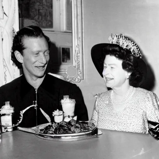 Prompt: Queen elizabeth eating lunch with her stunt double,