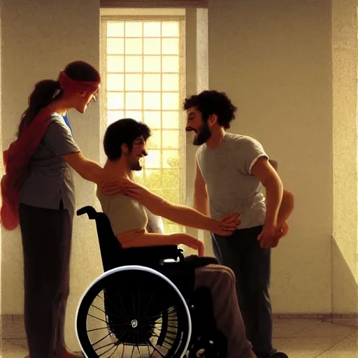 Image similar to a male patient in a wheelchair in the hospital with his wife and son standing by. happy, cheerful, smiling, intricate, face enhance, sharp focus, cinematic lighting, featured in artistation, 8 k, art by greg rutkowski, william adolphe bouguereau