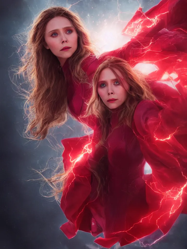 Image similar to movie still of elizabeth olsen as scarlet witch creating a barrier of red energy around herself!!!!!, photorealistic art style, fantasy aesthetic. full - body photography, comprehensive art, thorough details, intricate, artstation, cgsociety contest winner