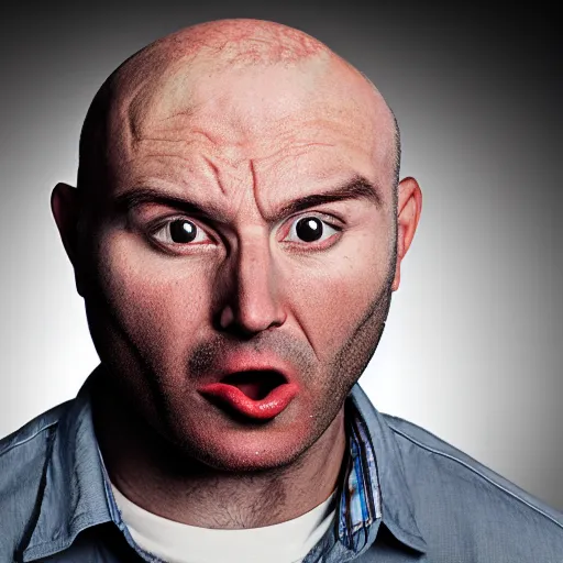 Prompt: a photo of a balded man arguing at a donut, close up, photorealistic