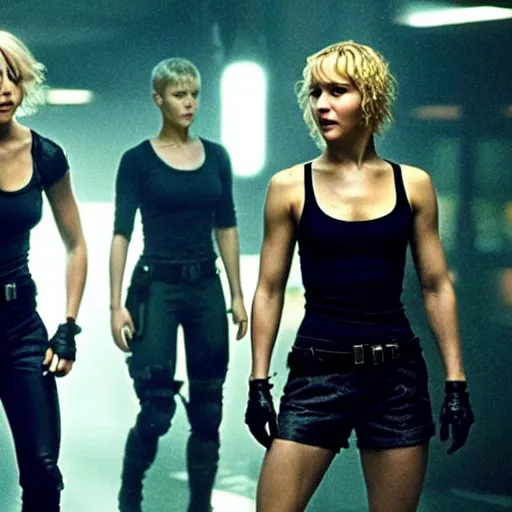 Prompt: julianne hough and jennifer lawrence fighting by ridley scott, secret agents, wearing black shorts, wearing black boots, wearing a cropped tops, blade runner, highly detailed, action movie still, intense, sharp focus, cyberpunk, hq